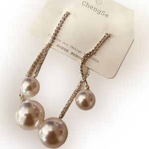Korean Style Silver Faux Pearl Rhinestone Drop Dangle Fashion Earrings Set 2.8"